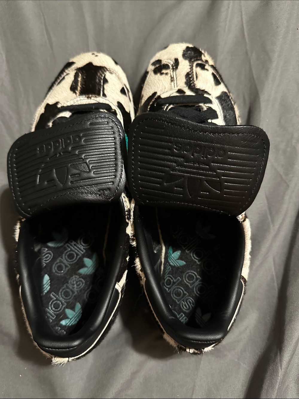 adidas Cow-Print Sneakers in Black and White Long tongue